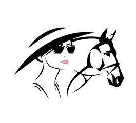 elegant woman  at hippodrome wearing wide brimmed ascot hat and sunglasses and race horse head outline - glamour and beauty vector portrait - obrazy, fototapety, plakaty