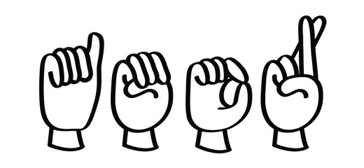 Cartoon, comic deaf language sign, amor, Italy word meaning love, with heart symbol. Hand spelling. Happy valentines day on february 14 ( valentine, valentine’s day ). Vector.