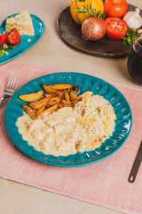Delicious Homemade Classic Food Brazilian Dish Plate Menu Lunch Breakfast Rice Beans Pasta Sausage Shrimp on the Table