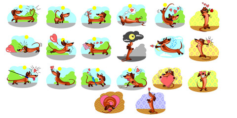 Cute dog cartoon character in different actions sticker set. Collection of emoticons with funny puppy in love vector illustrations. Love, Valentine day, romance concept for greeting card or invitation