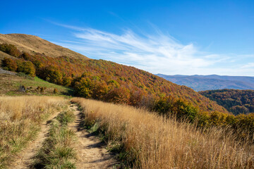 Autumn in the Bieszczady Mountains. Hiking trail to Smerek.
