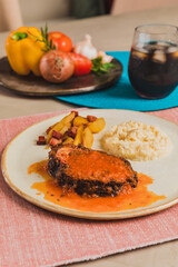 Delicious Homemade Classic Food Brazilian Dish Plate Menu Lunch Breakfast Rice Beans Pasta Sausage Shrimp on the Table