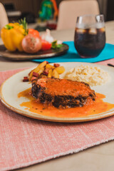 Delicious Homemade Classic Food Brazilian Dish Plate Menu Lunch Breakfast Rice Beans Pasta Sausage Shrimp on the Table
