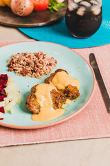 Delicious Homemade Classic Food Brazilian Dish Plate Menu Lunch Breakfast Rice Beans Pasta Sausage Shrimp on the Table