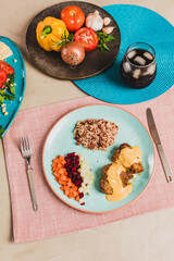 Delicious Homemade Classic Food Brazilian Dish Plate Menu Lunch Breakfast Rice Beans Pasta Sausage Shrimp on the Table