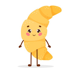 Cute cartoon character croissant standing single and smiling. Vector illustration isolated.