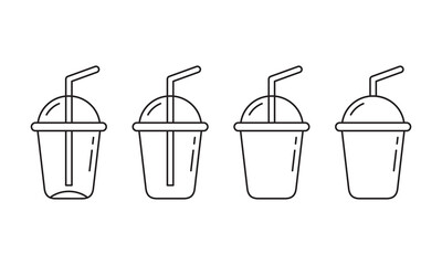 Plastic cup with round lid and straw. Linear icons set. Outline simple vector of clear glass for drinks, smoothie or juice. Contour isolated pictogram on white background