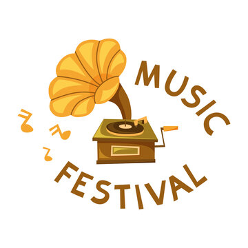 Music Festival hand drawn illustration. Retro gramophone with lettering and notes on white background for poster, print, card. Flat vector image