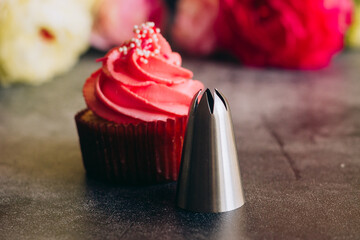 Delicious cupcakes. Cupcakes and confectionery attachments for cream. Cupcakes on a concrete table 