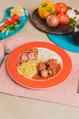 Delicious Homemade Classic Food Brazilian Dish Plate Menu Lunch Breakfast Rice Beans Pasta Sausage Shrimp on the Table