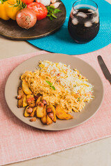 Delicious Homemade Classic Food Brazilian Dish Plate Menu Lunch Breakfast Rice Beans Pasta Sausage Shrimp on the Table