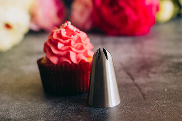 Delicious cupcakes. Cupcakes and confectionery attachments for cream. Cupcakes on a concrete table 