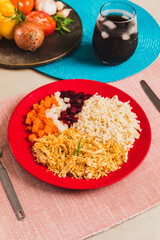 Delicious Homemade Classic Food Brazilian Dish Plate Menu Lunch Breakfast Rice Beans Pasta Sausage Shrimp on the Table