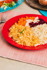 Delicious Homemade Classic Food Brazilian Dish Plate Menu Lunch Breakfast Rice Beans Pasta Sausage Shrimp on the Table