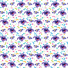 Fototapeta premium Purple monsters and confetti, seamless pattern on a white background. The alien's birthday. Cheerful childrens multicolored illustrations in cartoon style, hand drawing