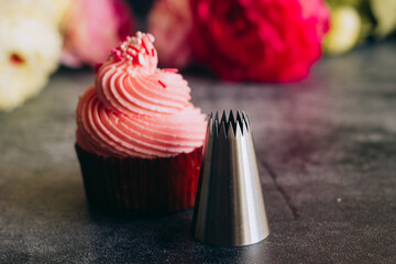 Delicious cupcakes. Cupcakes and confectionery attachments for cream. Cupcakes on a concrete table 