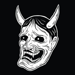 hand drawn black and white devil mask, suitable for t-shirt design, motorcycle club, or for tattoos etc