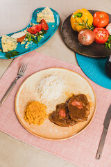 Delicious Homemade Classic Food Brazilian Dish Plate Menu Lunch Breakfast Rice Beans Pasta Sausage Shrimp on the Table