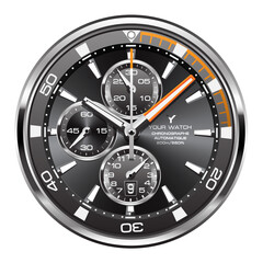 Realistic black silver orange clock watch face chronograph luxury on white background vector