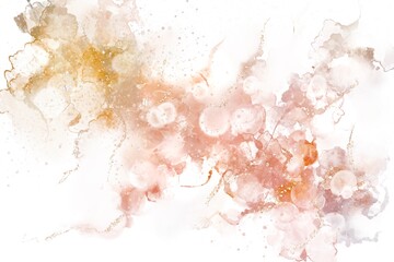 アルコールインクアートの抽象背景）白背景にシャボン玉とオレンジのグラデーション　ゴールドのグリッター
