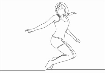 Continuous line drawing Woman jumps for happy. Vector illustration.