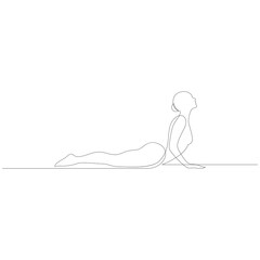 Woman doing exercise yoga Cobra Pose or Bhujangasana. Continuous line drawing. Vector illustration