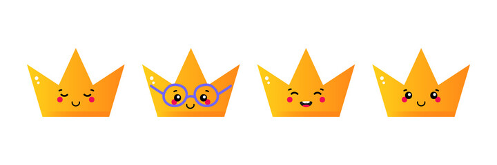 Set, collection of cute and smiling cartoon style golden crowns characters.