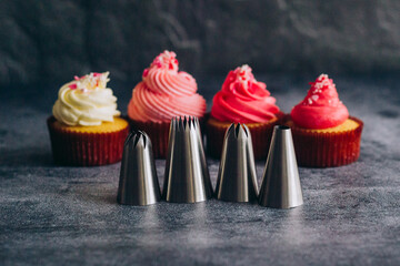 Delicious cupcakes. Cupcakes and confectionery attachments for cream. Cupcakes on a concrete table 