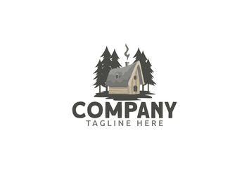 cabin logo with a vintage style wooden cabin in the forest.