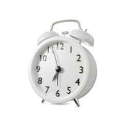 Closeup retro white alarm clock isolated on white background with clipping path, 3D rendering illustration