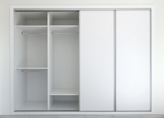 Panoramic Front view of modern empty built-in wardrobe in white. Interior design decor furnishing of luxury closet furniture. Sliding wardrobe.