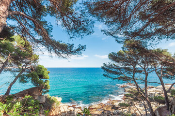 Nice sea view, on the coast of Spain. Costa Brava  is a coastal region of Catalonia in northeastern Spain. Sea with rocky beaches and dense fir-trees.