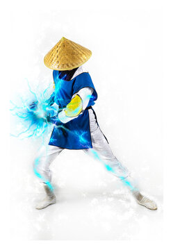 Cosplay based on the movie. Shaolin monk god of thunder and lightning on a white background. A deadly fight.
