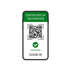 Digital Vaccination Certificate and Green Health Passport. Certificate of Vaccine and Immune from Covid in Mobile Phone App. Green Passport Screen with QR Code. Isolated Vector Illustration