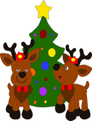 Cute reindeers standing with Christmas Tree 