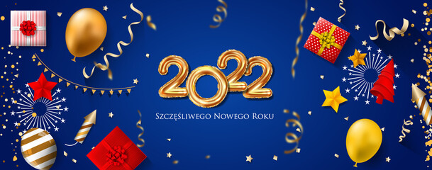 2022 New Year Polish greeting card (Szczęśliwego Nowego Roku 2022). Polish 2022 New Year Version. Polish 2022 Happy New Year background.