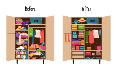 A wardrobe with clothes neatly laid out on the shelves and a wardrobe randomly littered with clothes. Mess and order in the wardrobe. before and after cleaning, sorting things. Reasonable consumption. - obrazy, fototapety, plakaty