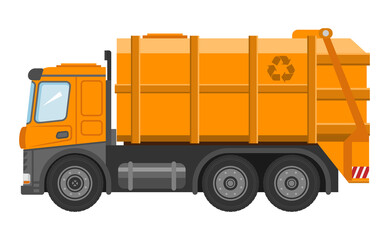 Garbage truck isolated on white background. Ecology and recycle concept. Vector illustration.