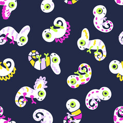 Dark seamless pattern with hand drawn chameleons. Perfect for T-shirt, fabric, textile and print. Doodle vector illustration for decor and design.