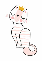Cute princess cat. Girl stands with her head held high, and arrogant pet. Graphic elements for website. Social media stickers, emojis. King, crown, power, animal. Cartoon flat vector illustration