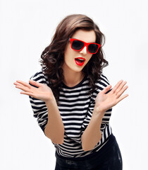 Portrait of happy girl , laughing at camera . young woman grimacing