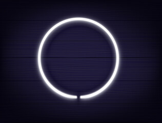 White Neon glowing circle frame on a dark wood wall. Vector template for design