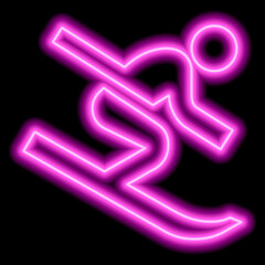Neon pink silhouette of a skier descending from the mountain on a black background. Leisure, competition, winter sport