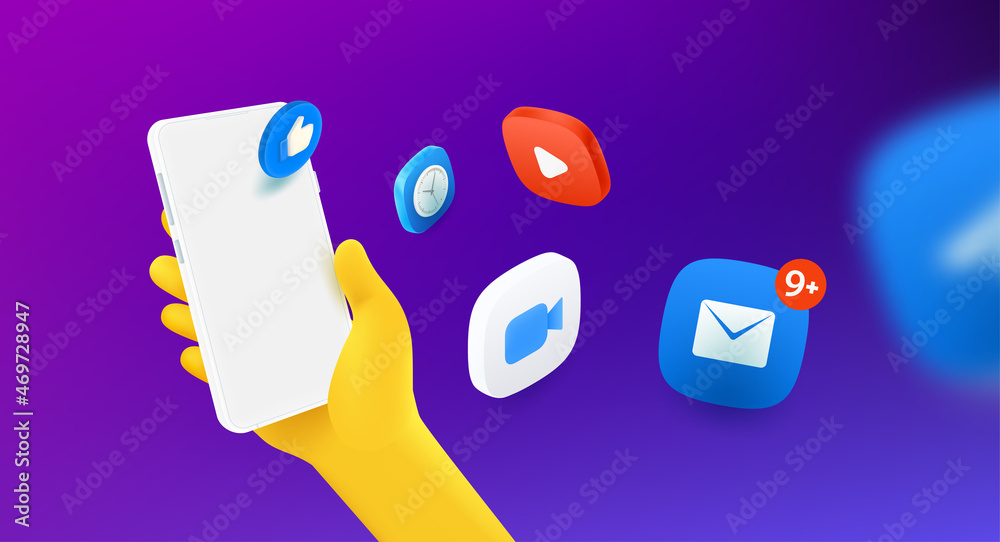 Poster man using mobile applications via modern smartphone