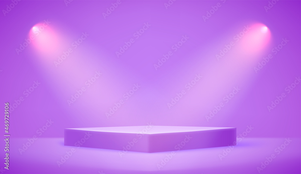 Poster Empty illuminated room with square pedestal. Realistic 3d style vector illustration