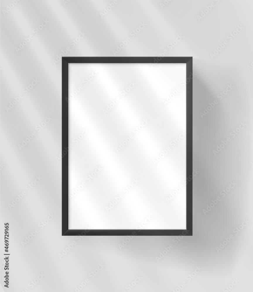 Poster a4 photo frame mockup with sun flare effect. light of the window with blinds