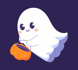 Cute ghost with Pumpkin. Stickers for children, wizards for social networks. Ghost with basket flies to collect items. Halloween, feast of horror, fear, panic. Cartoon flat vector illustration