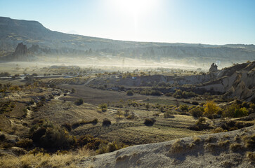 beautiful landscape in the cappadocia valley in the morning at dawn