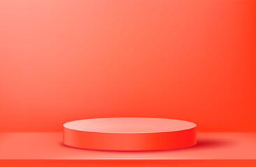 Red empty illuminated room with circle platform. Realistic 3d immitation vector illustration