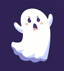 Cute ghost scares. Happy Halloween, celebration of dead, horror, panic. Terrible spirit, game, emoji for social networks, autumn, night. Mystery, magic spirit Cartoon flat vector illustration